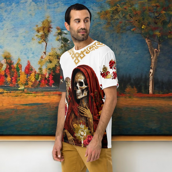 Santa Muerte Roja All Over T-Shirt, a symbol of love and protection.